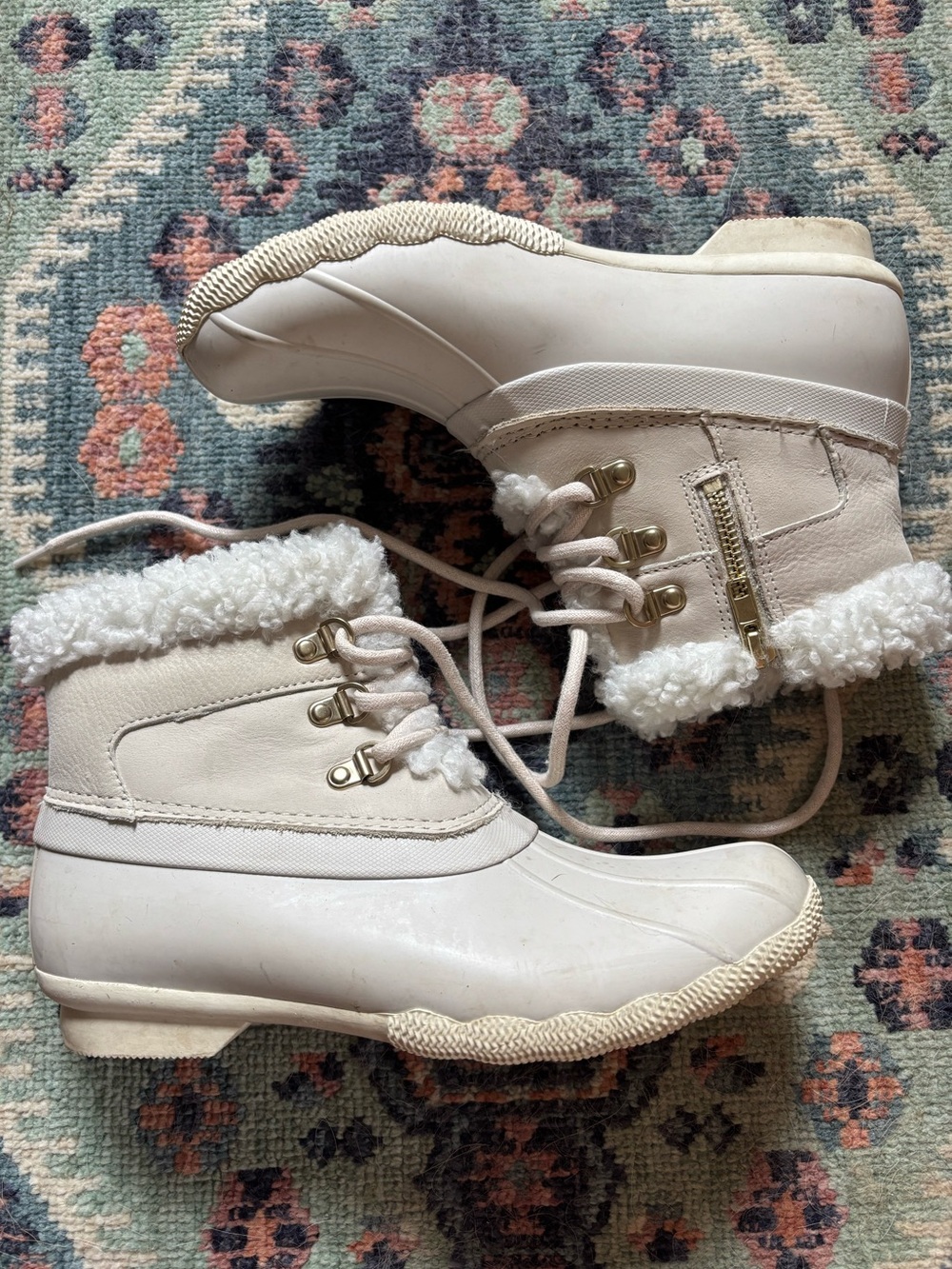 Sperry Cream Shearling-Trim Lace-Up Winter Boots